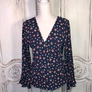 Divided by H&M Mini Floral Print Long Ruffle Sleeves Peplum Wrap Blouse Size 14